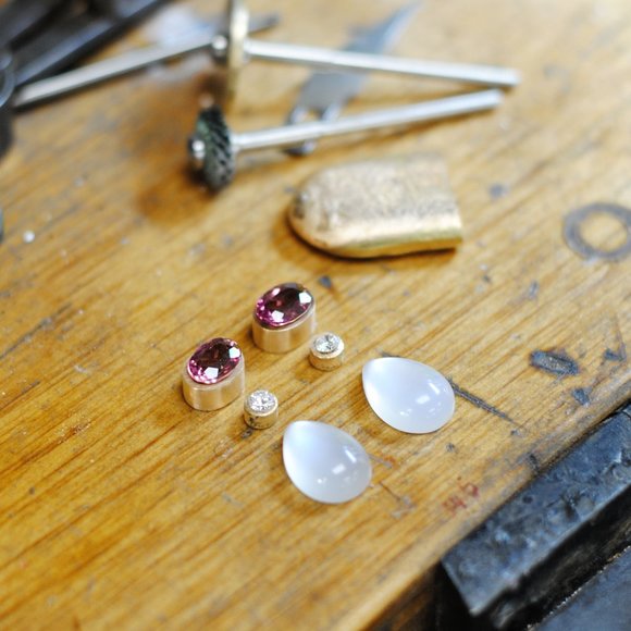 18k Yellow Gold Tourmaline, Diamond and Moonstone Earrings - Picture 4 of 4